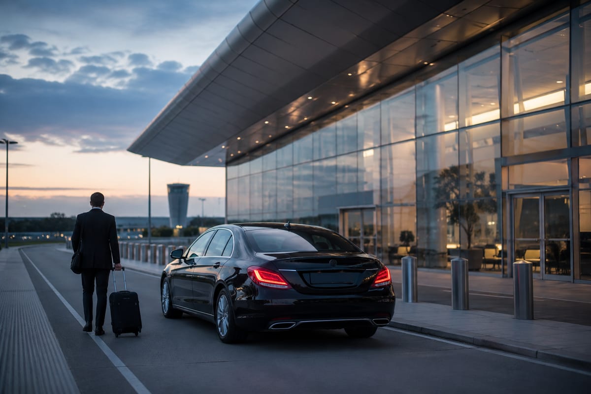 Representative editorial airport arrival scene with luggage and a dark sedan.