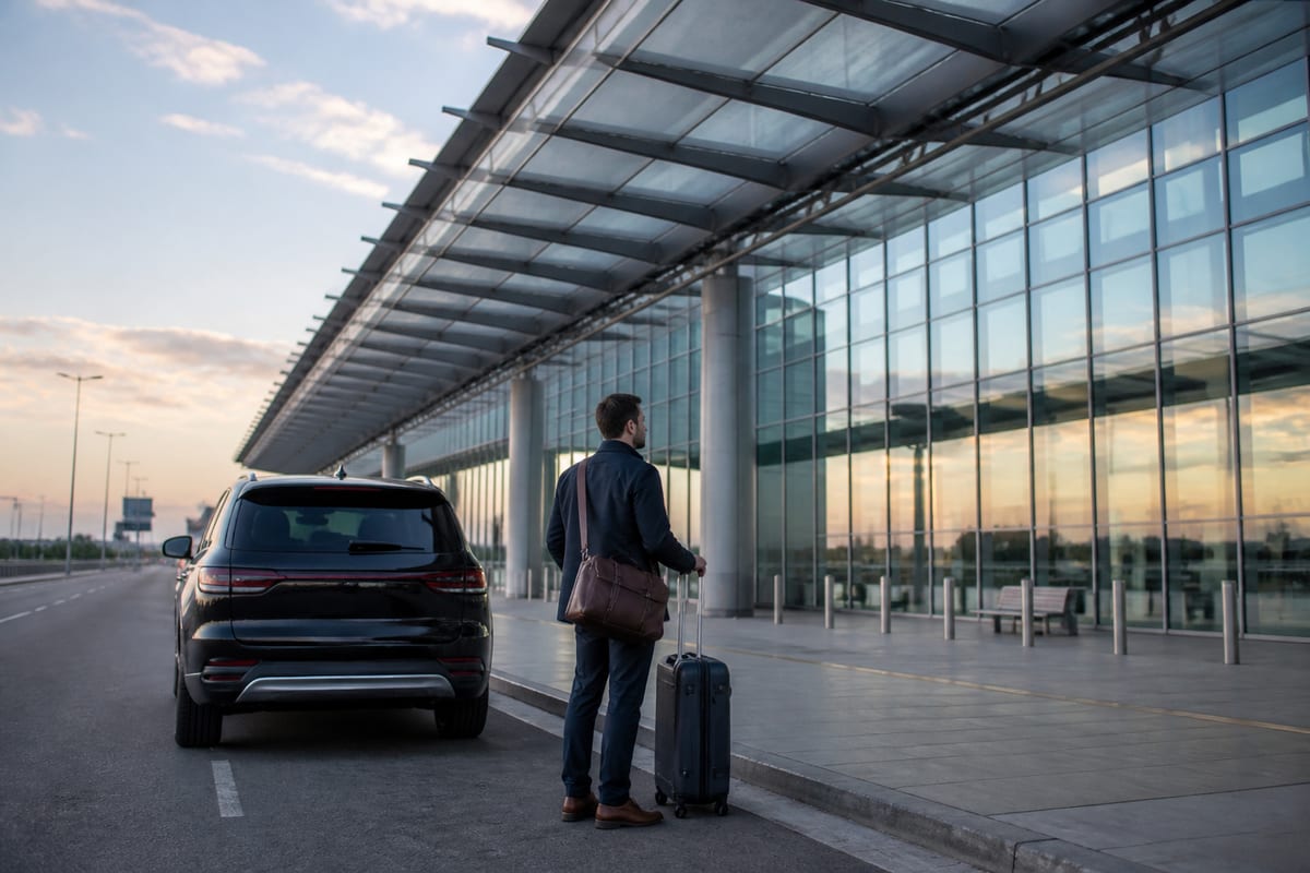 Representative editorial airport curbside scene with a traveler and dark SUV.