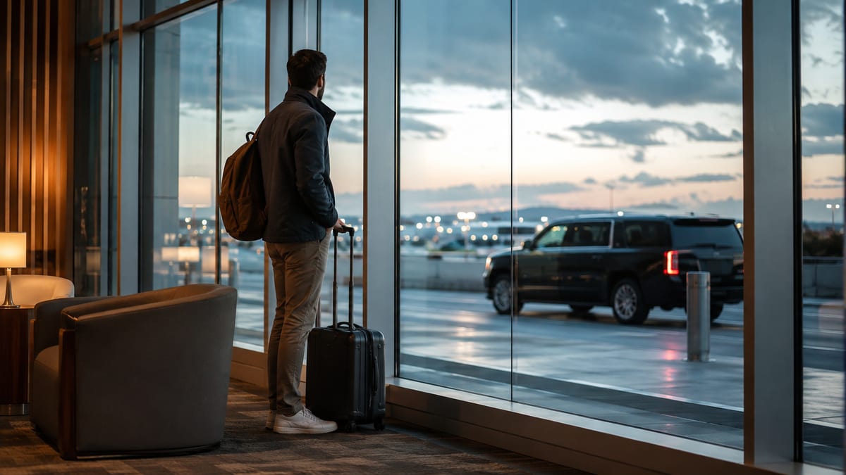 Representative editorial airport lounge scene with a traveler looking toward a vehicle.