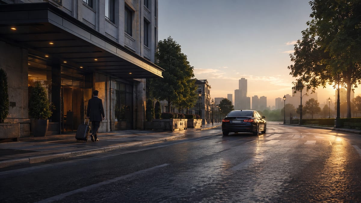 Representative editorial city travel scene with a hotel entrance and dark sedan at dawn.