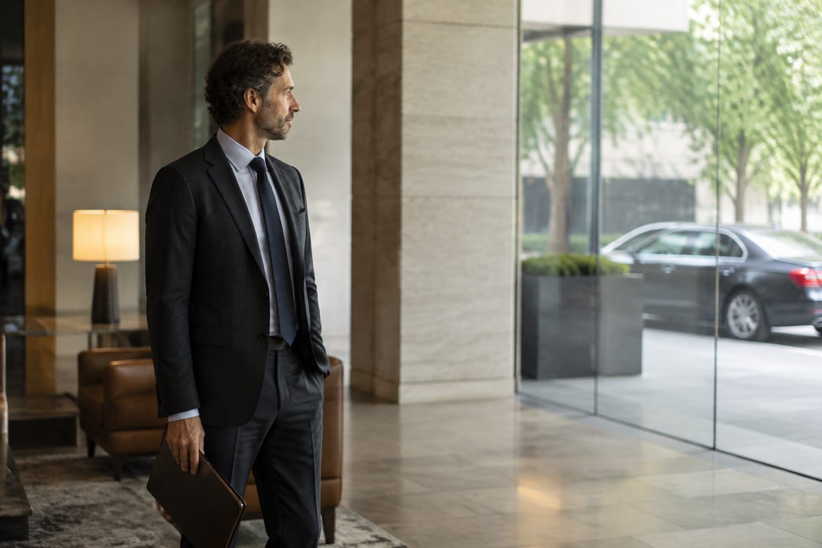 Representative editorial executive traveler in a contemporary hotel lobby.