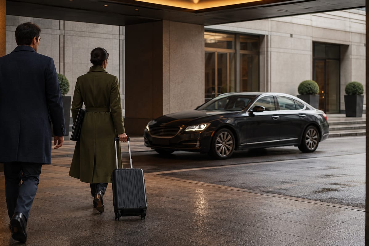 Representative editorial business travelers approaching a dark sedan at a hotel entrance.
