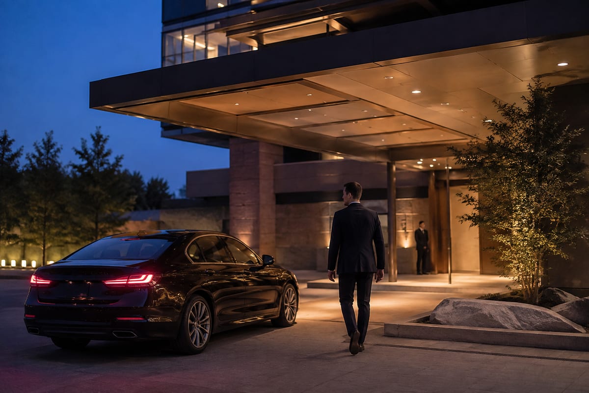 Representative editorial evening event arrival at a contemporary venue.