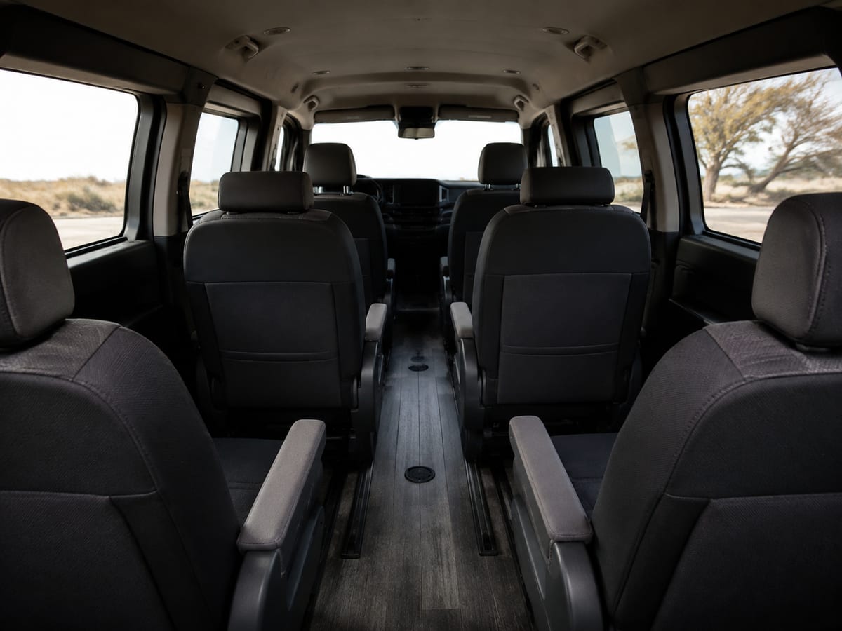 Representative editorial view down the aisle of a passenger van interior.