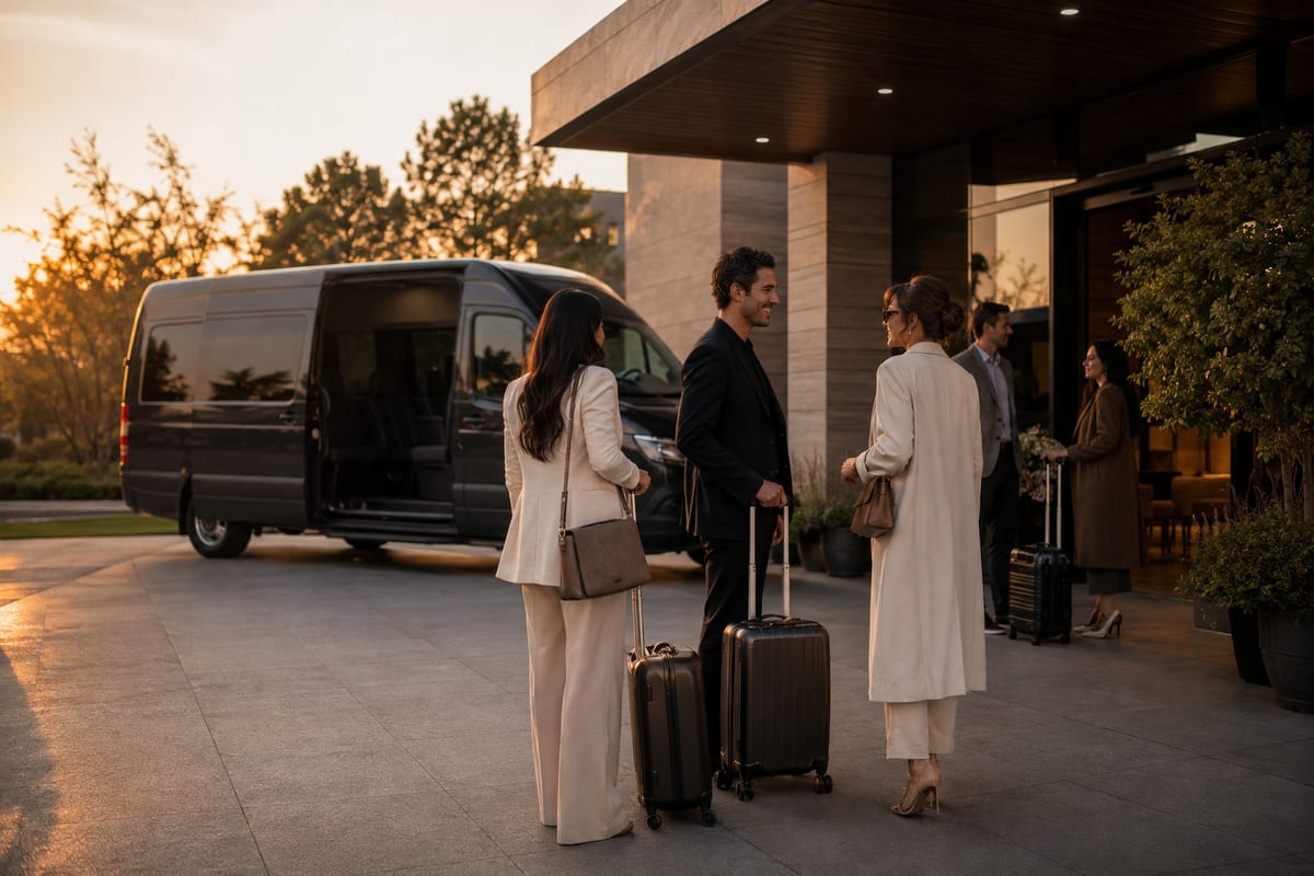 Representative editorial group travel scene with luggage near a dark passenger vehicle.