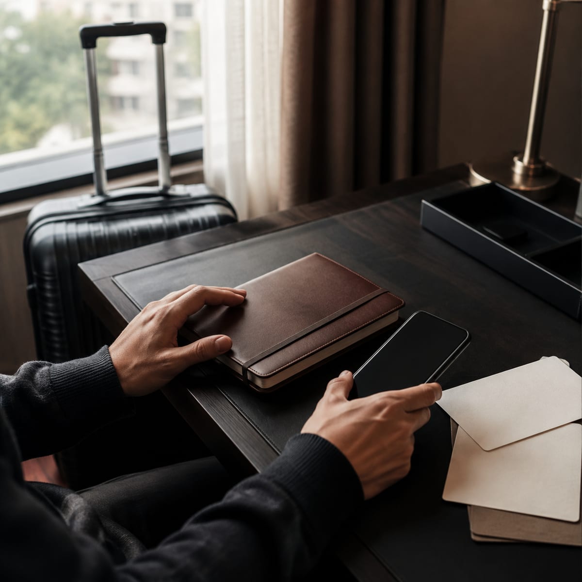 Representative editorial travel-planning scene with a notebook, phone, and carry-on luggage.