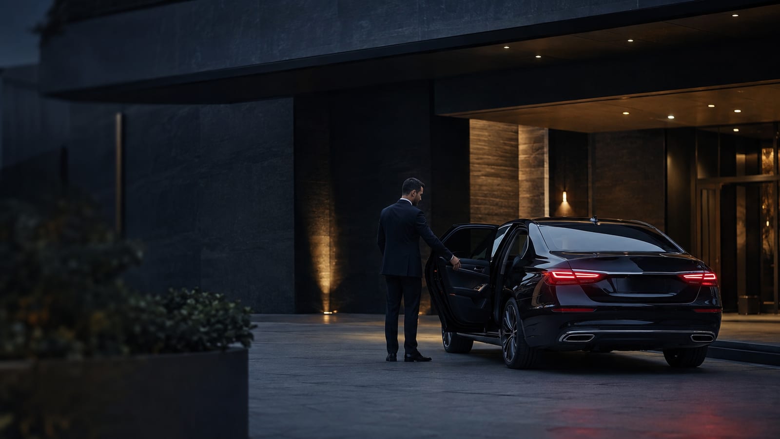 Representative editorial scene of a dark sedan and chauffeur at a refined arrival setting.