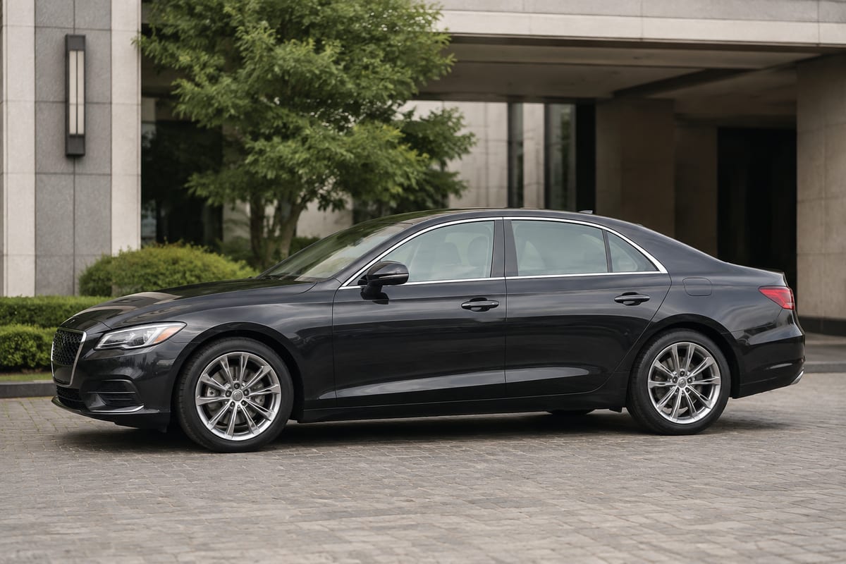 Representative editorial image of an unbranded dark executive sedan in daylight.