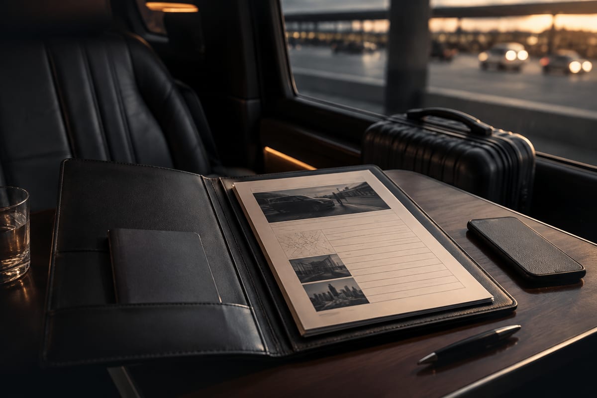 Representative editorial travel-planning scene with an itinerary folio and carry-on luggage.