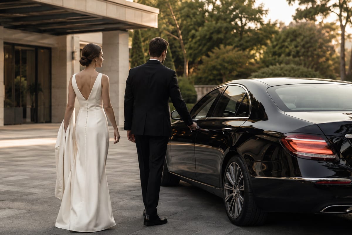 Representative editorial wedding arrival with a couple approaching a dark sedan.